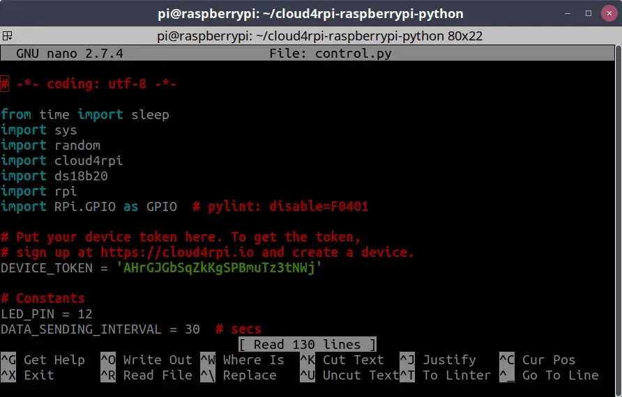 cloud4rpi set device token