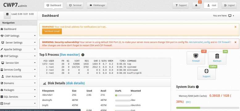 cwp centos web panel dashboard