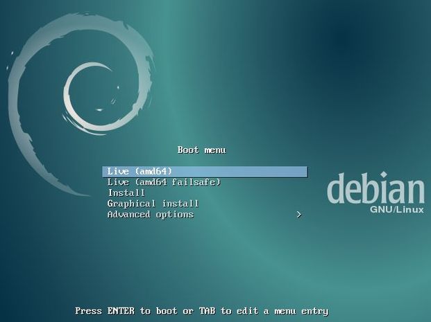 debian live edition boot screen