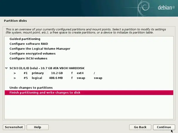 finish debian linux partitioning step