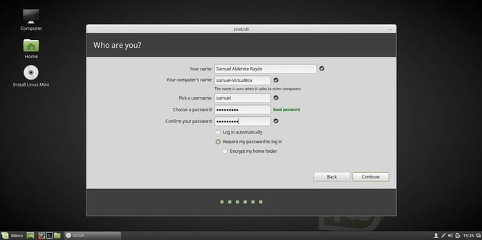 linux mint 18 fill user information