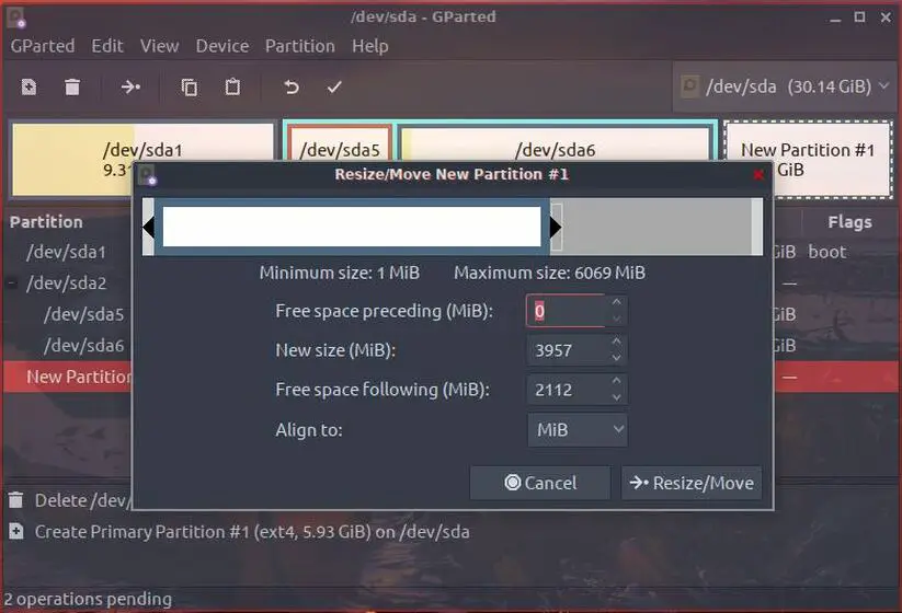 resize linux partition gparted