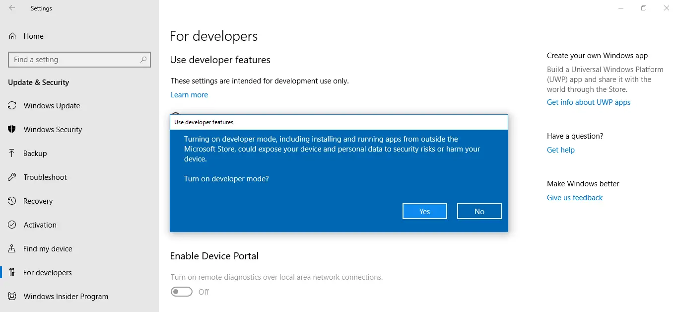 turn on windows developer mode