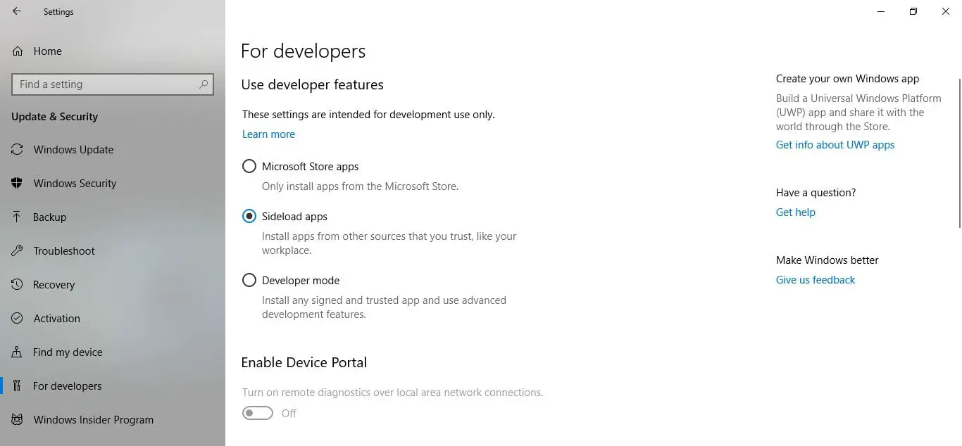 windows developer settings