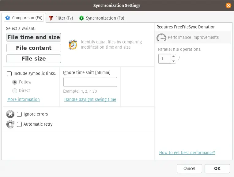 FreeFileSync compare settings