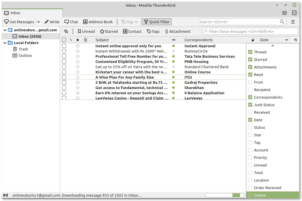 Thunderbird delete column